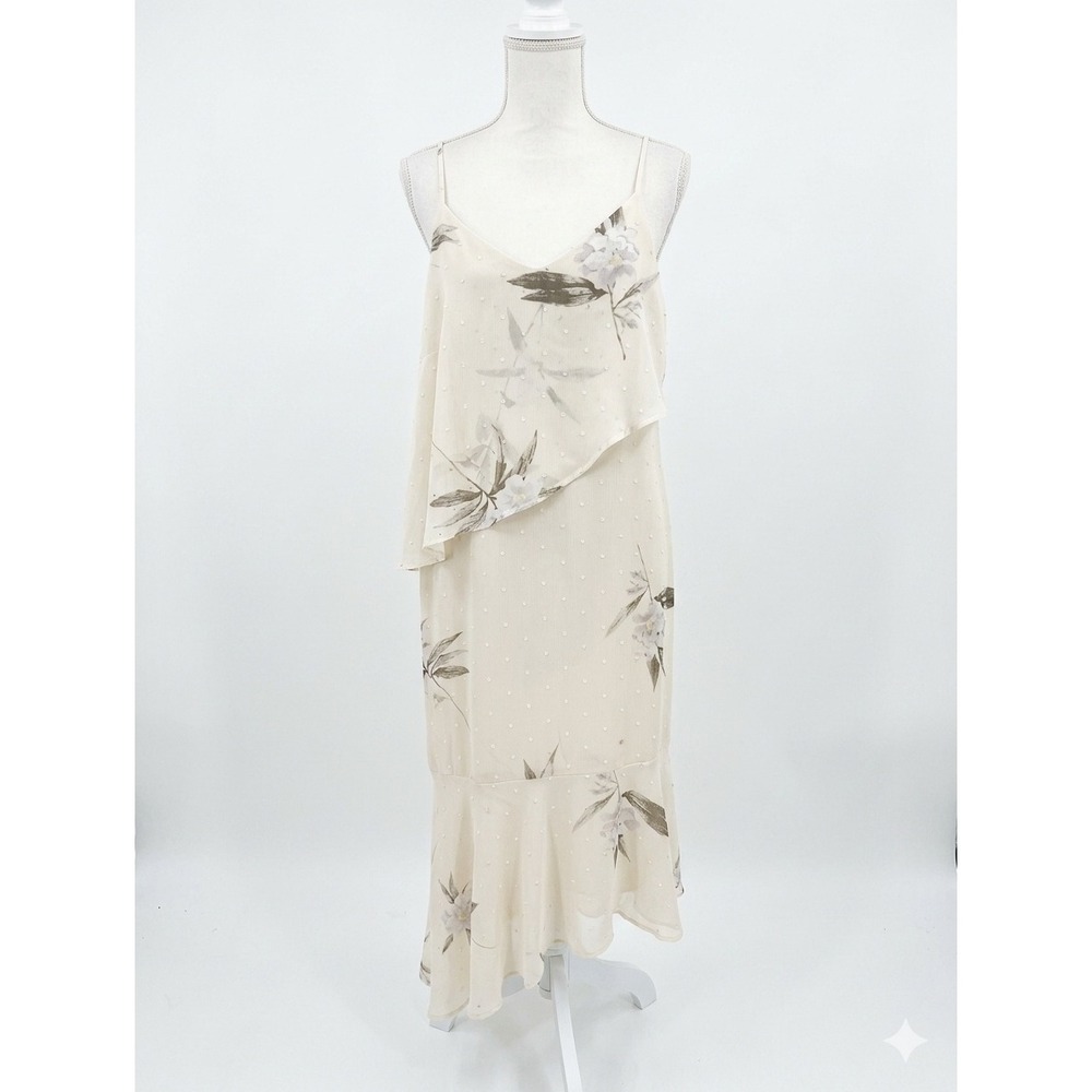 H Squared Cream Floral Polka Dot Layered Ruffle High Low Midi Dress Medium